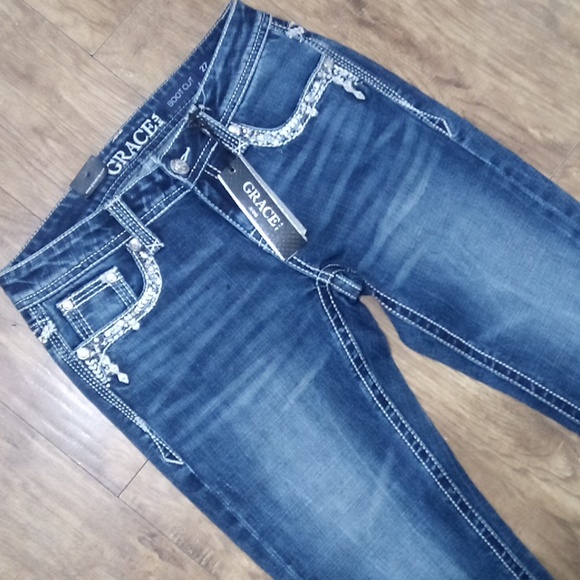Grace in LA Women's NWT Jeans 27 Bootcut Embroidered Rhinestones DEFECT - Picture 5 of 10